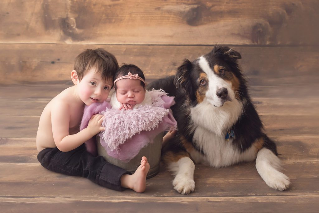 portrait of newborn baby girl with big brother and dog