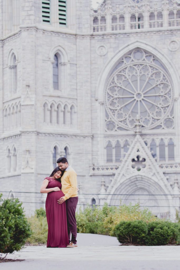 maternity photo session in New Jersey with church in background