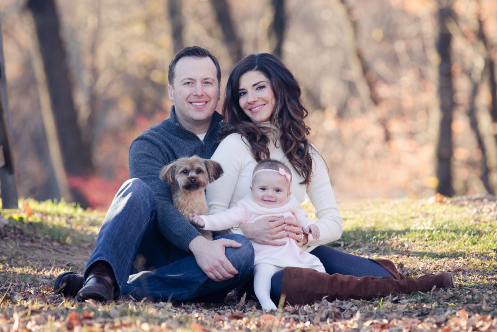 fall family photo of four including 6 month old baby girl and doggie in New Jersey
