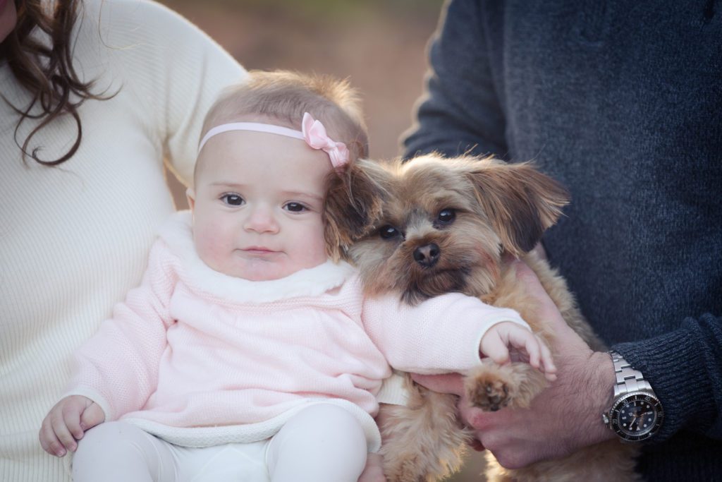 photo 6 month old baby girl with her dog at fall family photo session