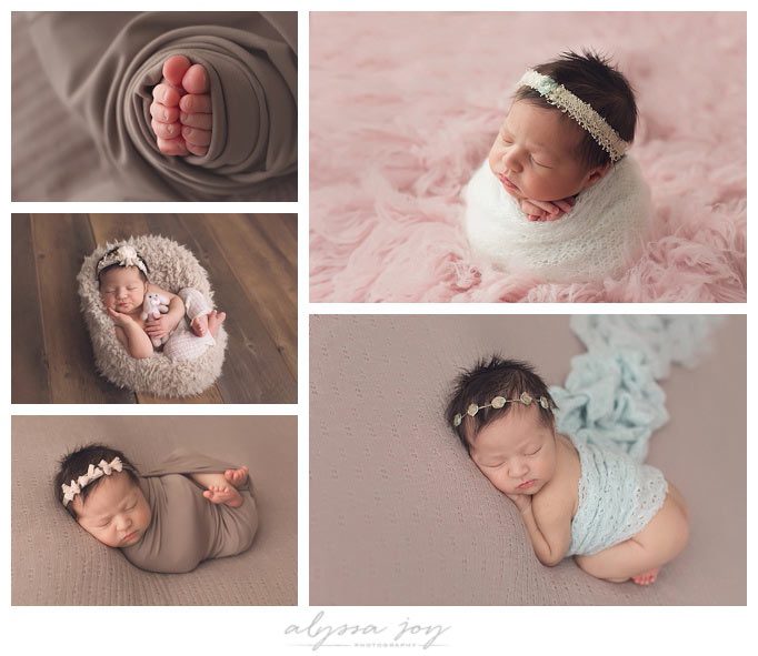 newborn baby girl photo session with multiple poses, fabrics and colors