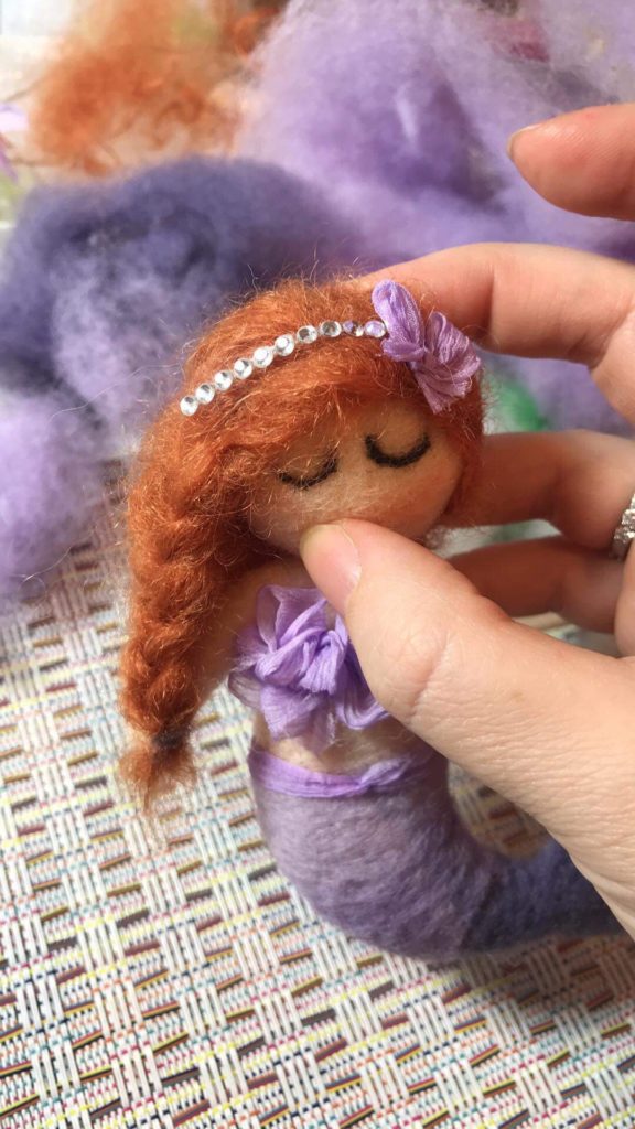 hand made felted mermaid doll being designed by Wooley Dreams and Alyssa Joy Photography
