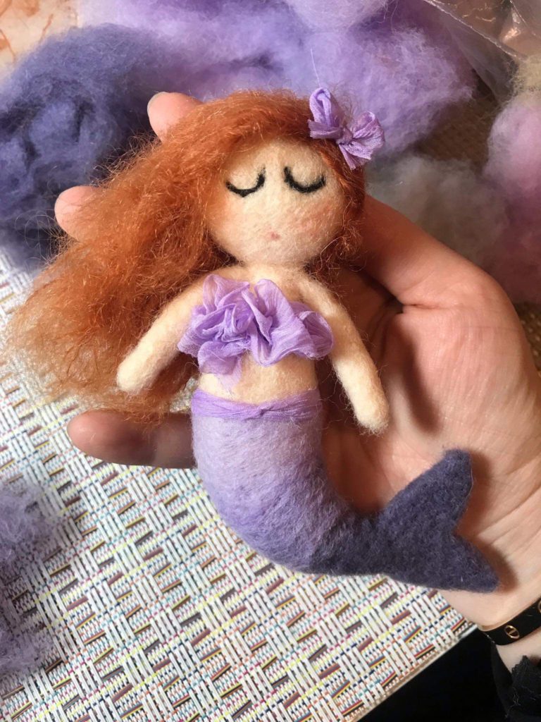 photo of hand felted mermaid being created by Wooley Dreams for newborn photo session