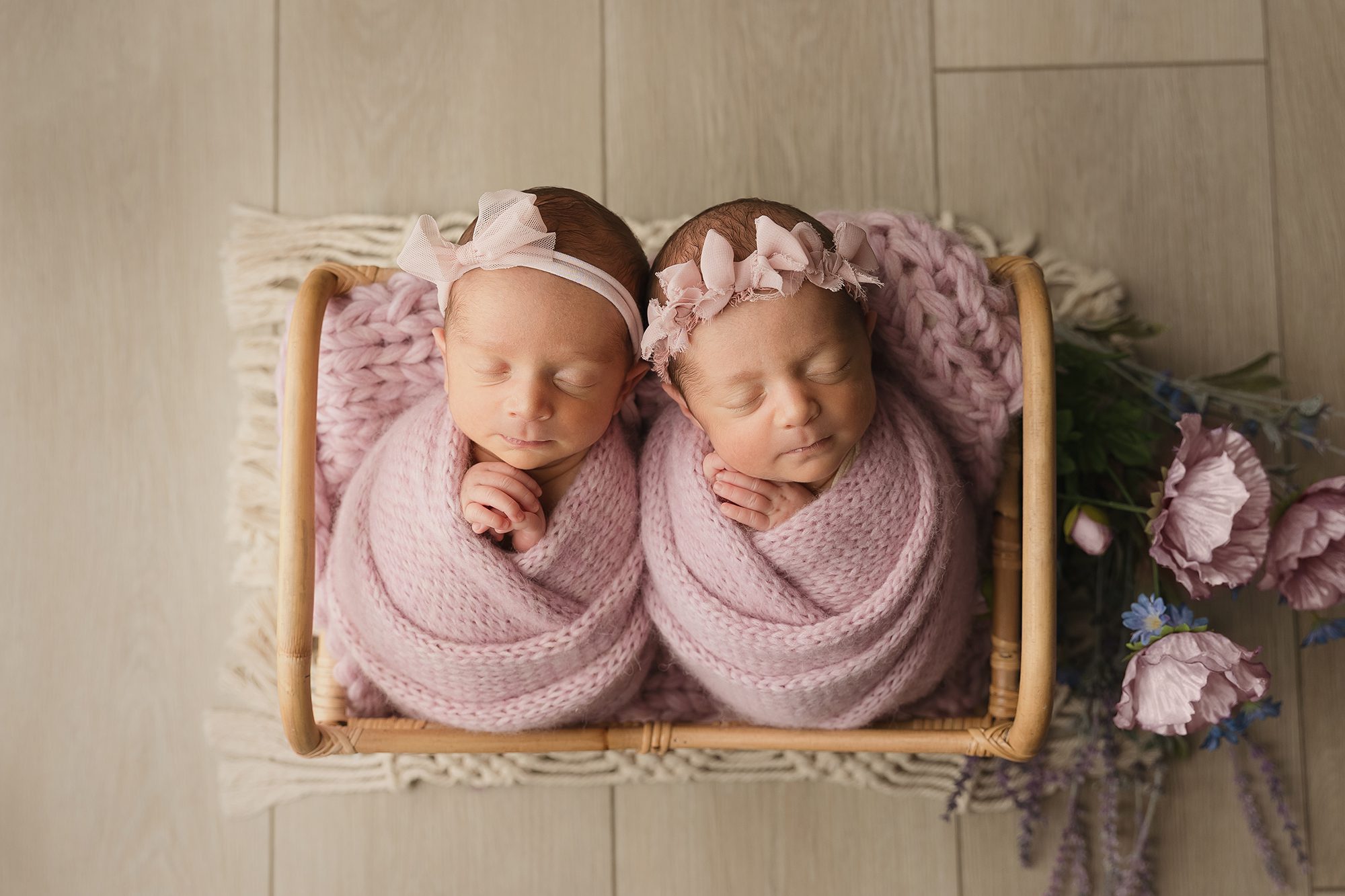 posed twin newborn session two girls wrapped in pink in basket